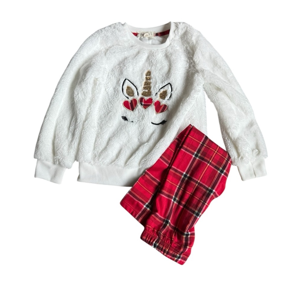 Btween Unicorn Fuzzy Sweater and Plaid Pants Set